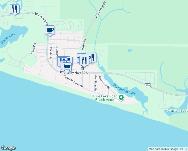 map of restaurants, bars, coffee shops, grocery stores, and more near 33 Gulf Point Road in Santa Rosa Beach