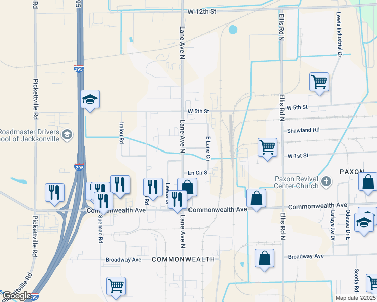 map of restaurants, bars, coffee shops, grocery stores, and more near 5966 North Lane Circle in Jacksonville