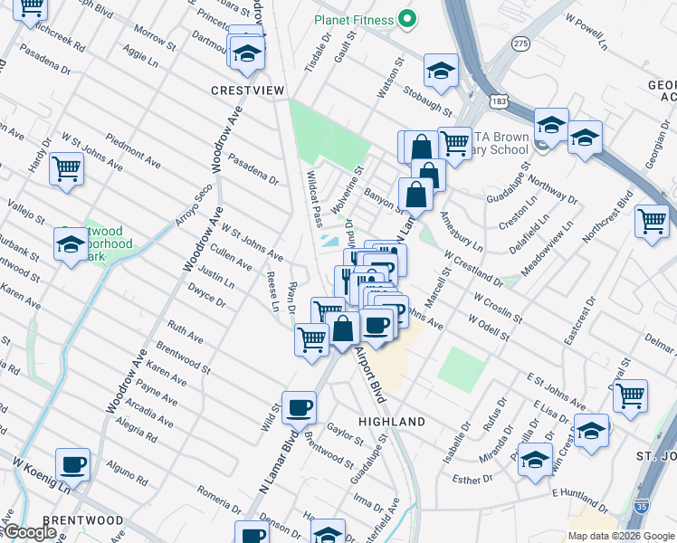 map of restaurants, bars, coffee shops, grocery stores, and more near 810 West Saint Johns Avenue in Austin