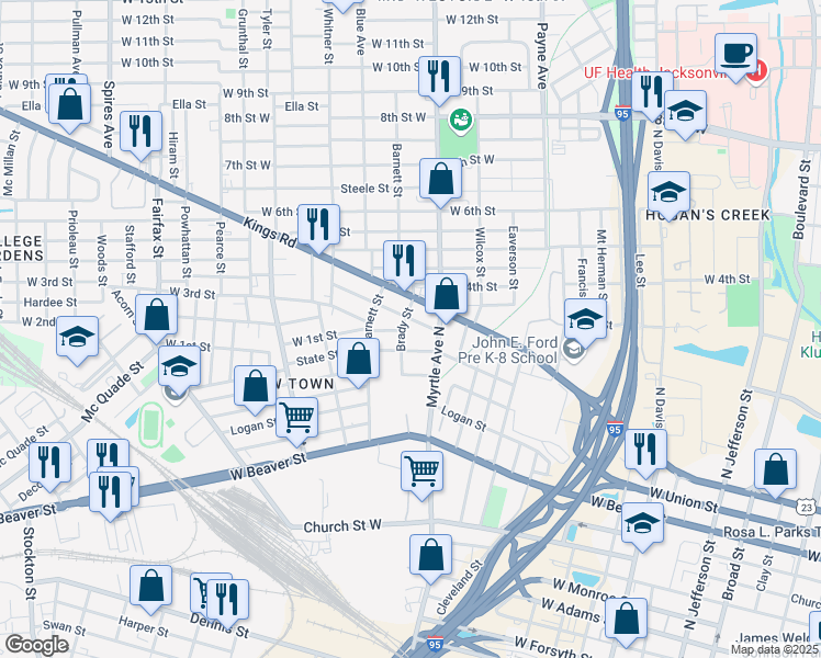map of restaurants, bars, coffee shops, grocery stores, and more near 1029 Brady Street in Jacksonville