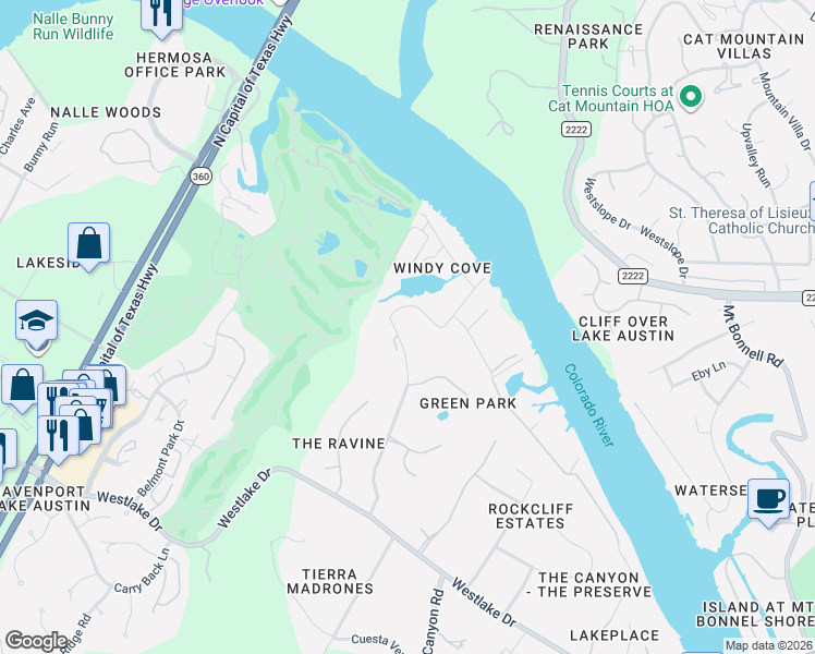 map of restaurants, bars, coffee shops, grocery stores, and more near 4646 Rockcliff Road in Austin