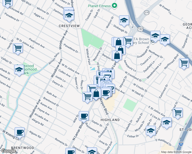 map of restaurants, bars, coffee shops, grocery stores, and more near Easy Wind Drive in Austin