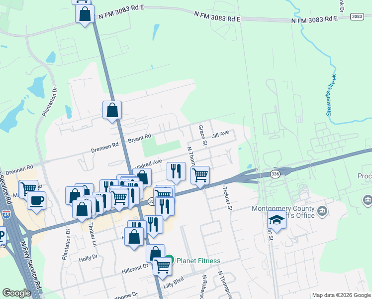map of restaurants, bars, coffee shops, grocery stores, and more near 509 Jill Street in Conroe