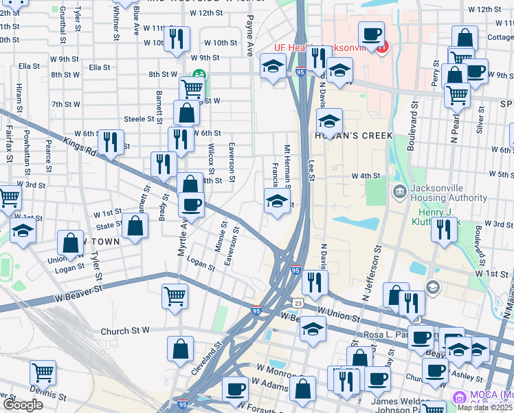 map of restaurants, bars, coffee shops, grocery stores, and more near 1311 Cleveland Street in Jacksonville