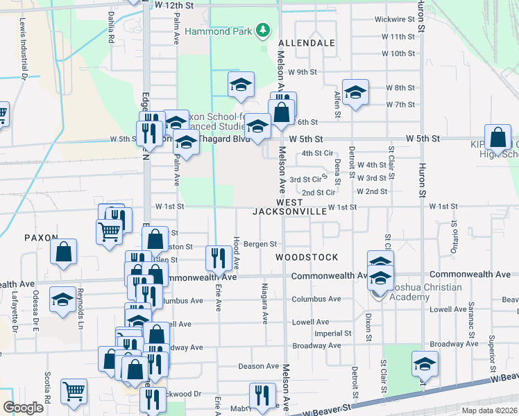 map of restaurants, bars, coffee shops, grocery stores, and more near 1098 Woodstock Avenue in Jacksonville
