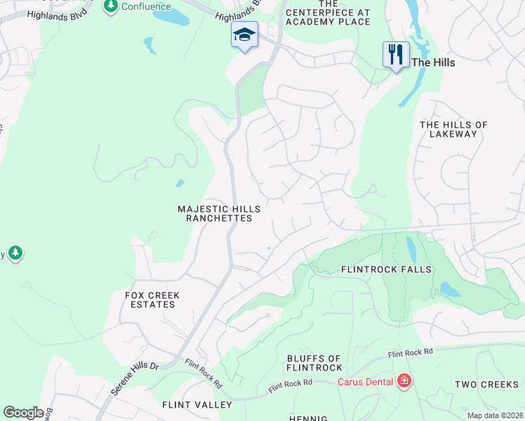 map of restaurants, bars, coffee shops, grocery stores, and more near 1 Candleleaf Court in The Hills