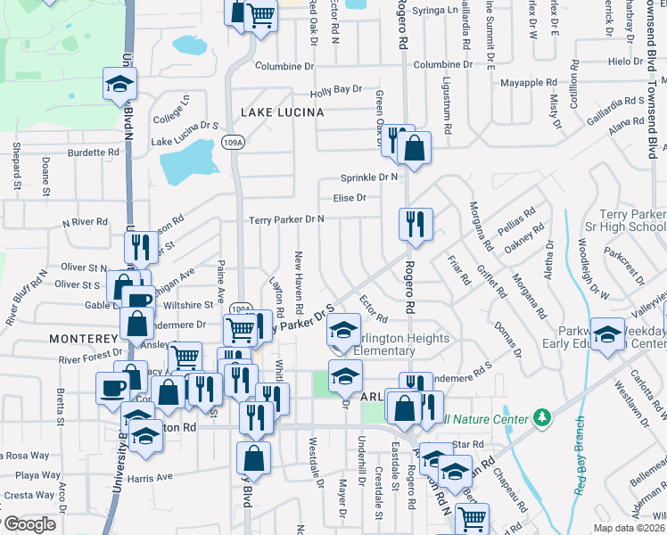map of restaurants, bars, coffee shops, grocery stores, and more near 1848 Ector Road in Jacksonville