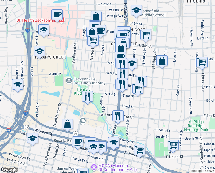 map of restaurants, bars, coffee shops, grocery stores, and more near 134 West 4th Street in Jacksonville