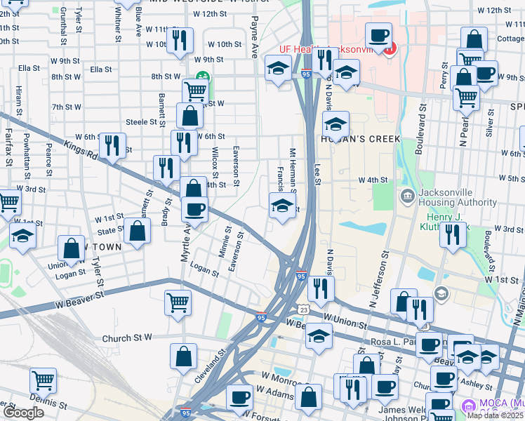 map of restaurants, bars, coffee shops, grocery stores, and more near 1311 Cleveland Street in Jacksonville