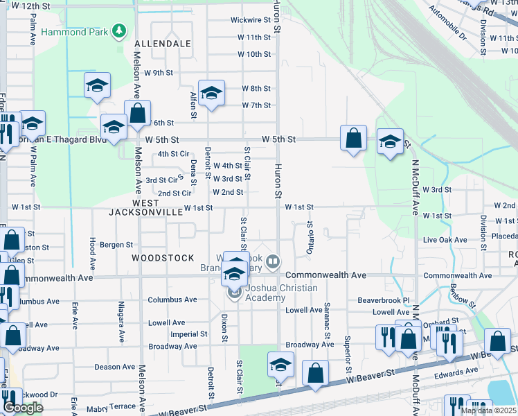 map of restaurants, bars, coffee shops, grocery stores, and more near 2845 West 1st Street in Jacksonville