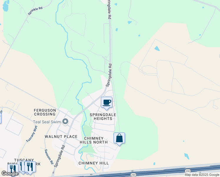 map of restaurants, bars, coffee shops, grocery stores, and more near 9712 Springdale Road in Austin