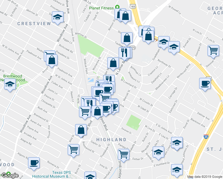 map of restaurants, bars, coffee shops, grocery stores, and more near 7301 North Lamar Boulevard in Austin