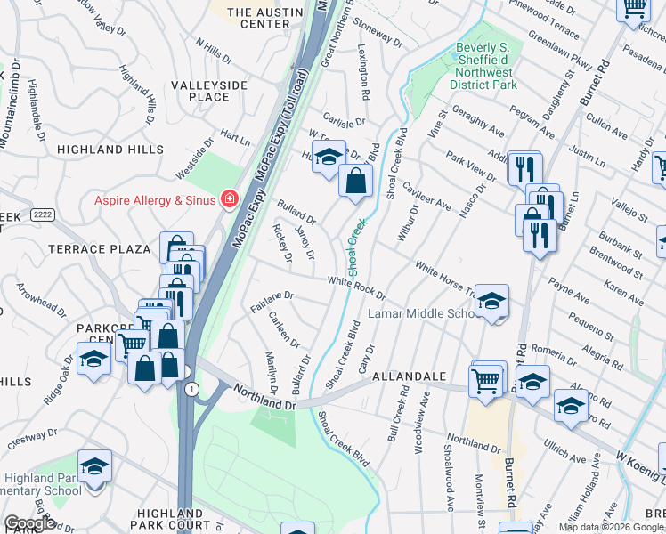 map of restaurants, bars, coffee shops, grocery stores, and more near 6106 Bullard Drive in Austin