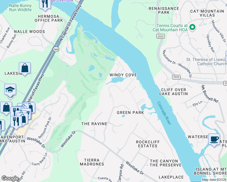 map of restaurants, bars, coffee shops, grocery stores, and more near 1806 Rockcliff Road in Austin