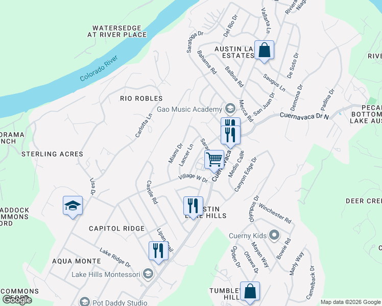map of restaurants, bars, coffee shops, grocery stores, and more near 1602 San Juan Drive in Austin