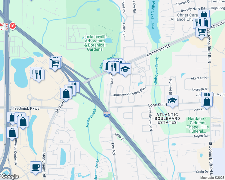 map of restaurants, bars, coffee shops, grocery stores, and more near 1188 Romaine Circle West in Jacksonville