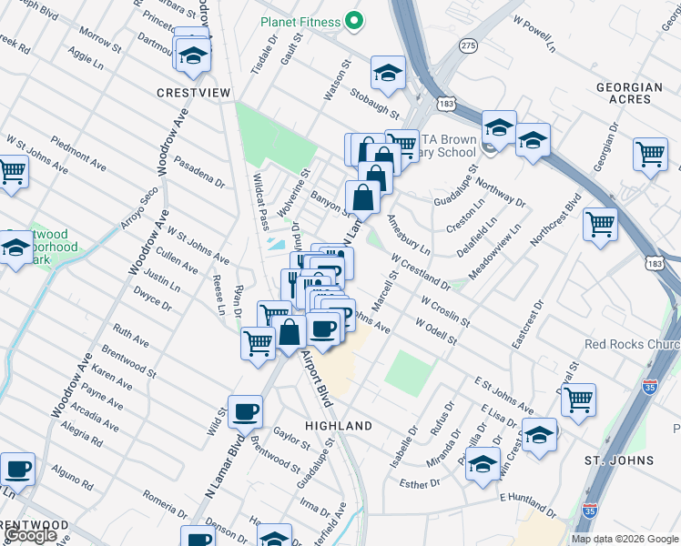 map of restaurants, bars, coffee shops, grocery stores, and more near 7301 North Lamar Boulevard in Austin