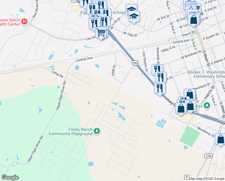 map of restaurants, bars, coffee shops, grocery stores, and more near 1155 Dildy Drive in Elgin