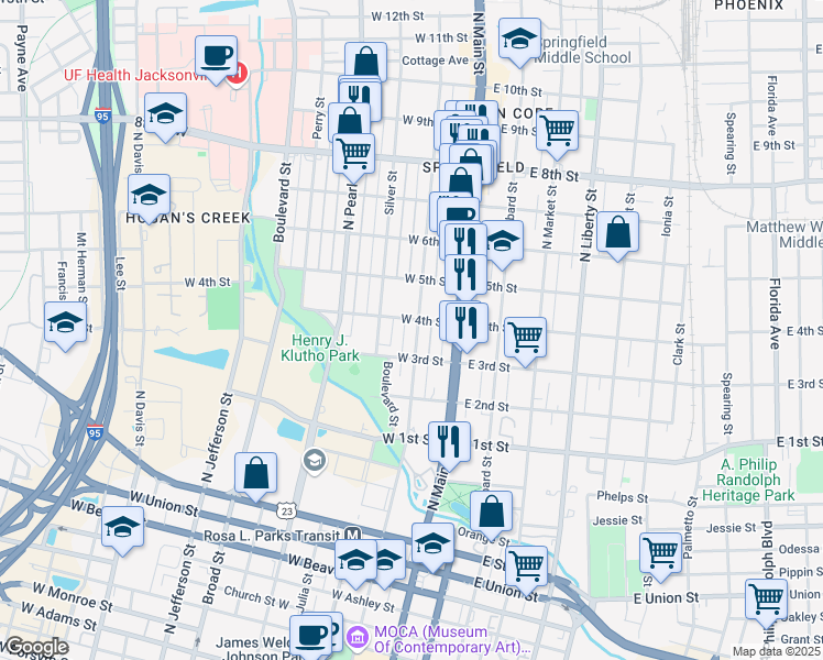 map of restaurants, bars, coffee shops, grocery stores, and more near 134 West 4th Street in Jacksonville