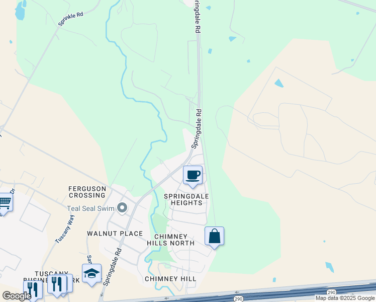 map of restaurants, bars, coffee shops, grocery stores, and more near 9712 Springdale Road in Austin