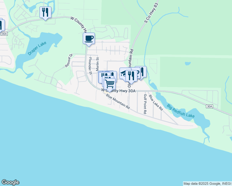 map of restaurants, bars, coffee shops, grocery stores, and more near 42 N Grande Beach Dr in Walton