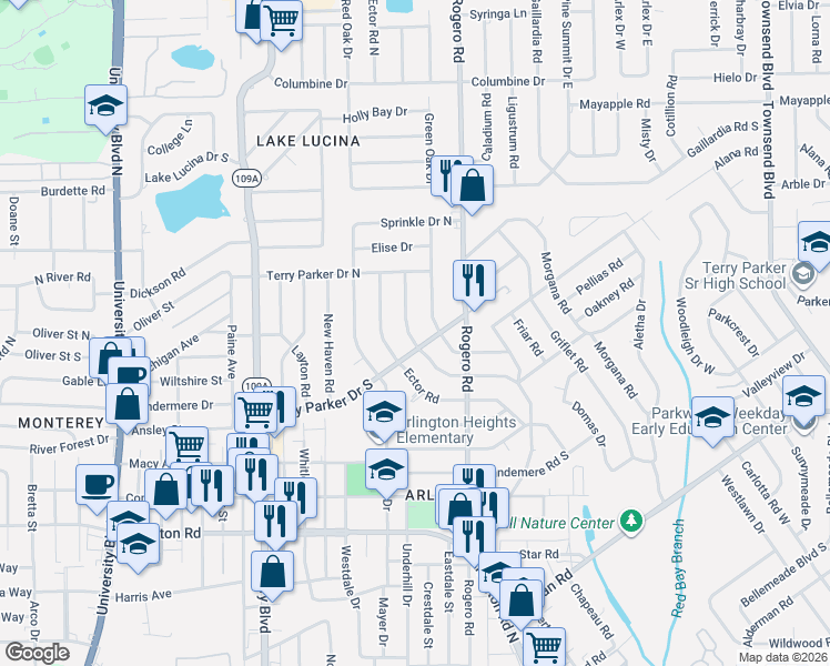 map of restaurants, bars, coffee shops, grocery stores, and more near 1829 Banbury Road in Jacksonville