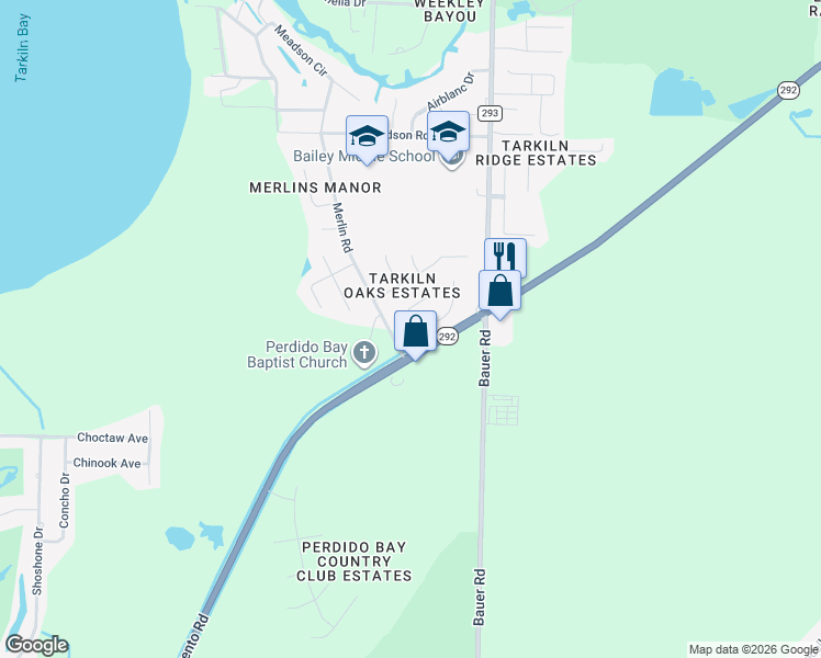 map of restaurants, bars, coffee shops, grocery stores, and more near 545 Tarkiln Oak Circle in Pensacola