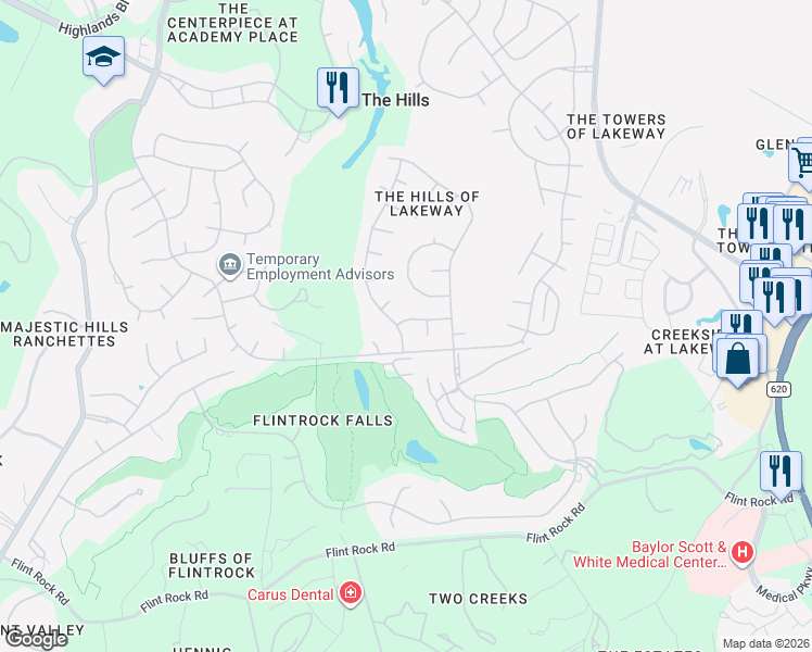 map of restaurants, bars, coffee shops, grocery stores, and more near 8 Waterfall Drive in The Hills