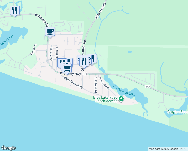 map of restaurants, bars, coffee shops, grocery stores, and more near 33 Gulf Point Road in Santa Rosa Beach
