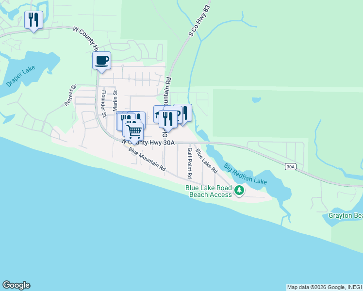 map of restaurants, bars, coffee shops, grocery stores, and more near 33 Gulf Point Road in Santa Rosa Beach