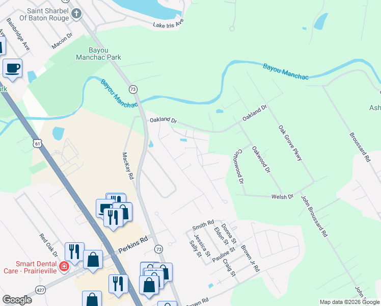 map of restaurants, bars, coffee shops, grocery stores, and more near 38102 Valley Wood Court in Prairieville
