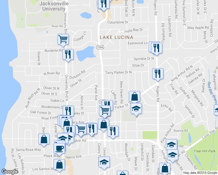 map of restaurants, bars, coffee shops, grocery stores, and more near 1900 Layton Road in Jacksonville