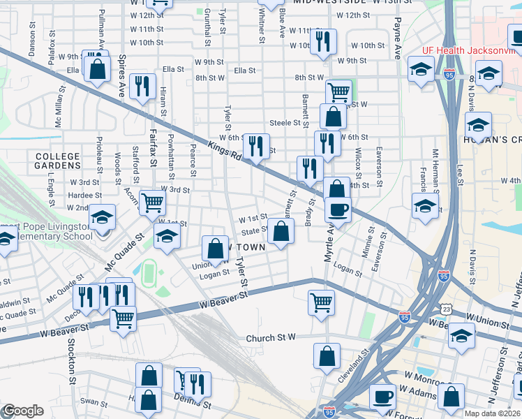 map of restaurants, bars, coffee shops, grocery stores, and more near 1442 West 2nd Street in Jacksonville