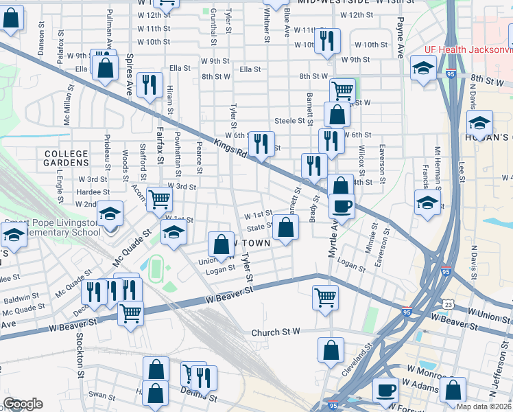 map of restaurants, bars, coffee shops, grocery stores, and more near 1521 West 2nd Street in Jacksonville