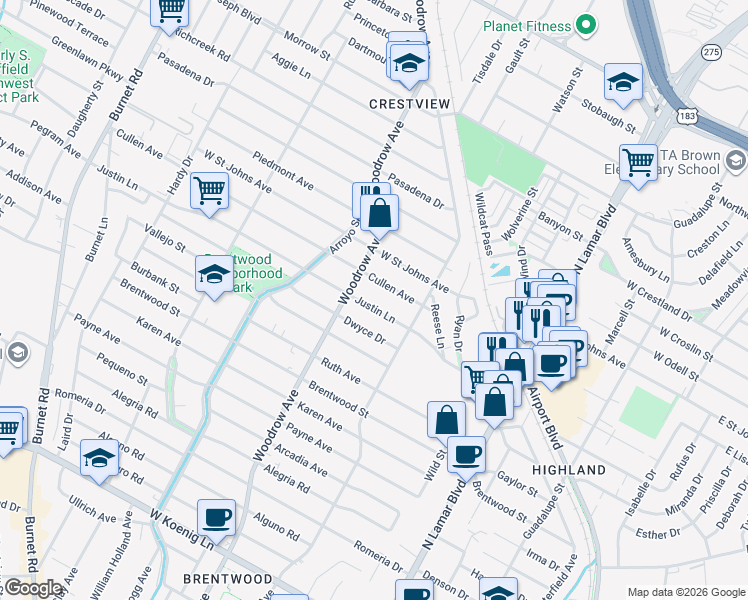 map of restaurants, bars, coffee shops, grocery stores, and more near 1303 Cullen Avenue in Austin