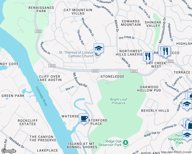 map of restaurants, bars, coffee shops, grocery stores, and more near 4305 Bonnell Vista Street in Austin