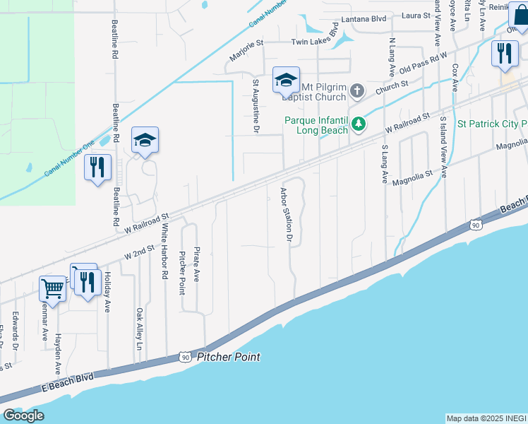 map of restaurants, bars, coffee shops, grocery stores, and more near 106 Marcie Drive in Long Beach