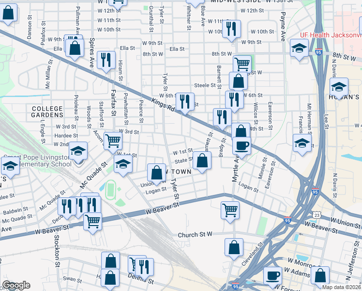 map of restaurants, bars, coffee shops, grocery stores, and more near 1521 West 2nd Street in Jacksonville