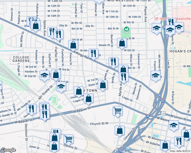 map of restaurants, bars, coffee shops, grocery stores, and more near 1442 West 2nd Street in Jacksonville