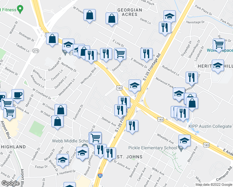 map of restaurants, bars, coffee shops, grocery stores, and more near 7745 Chevy Chase Drive in Austin