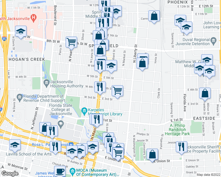 map of restaurants, bars, coffee shops, grocery stores, and more near Hubbard St & E 4th St in Jacksonville