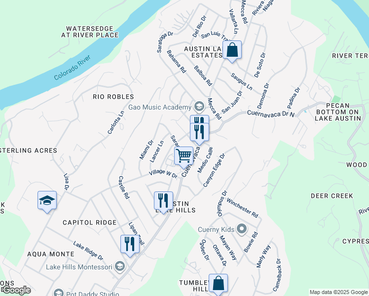 map of restaurants, bars, coffee shops, grocery stores, and more near 1607 Saracen Road in Austin