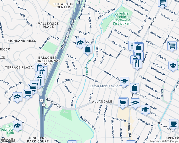 map of restaurants, bars, coffee shops, grocery stores, and more near 6106 Shoal Creek Boulevard in Austin
