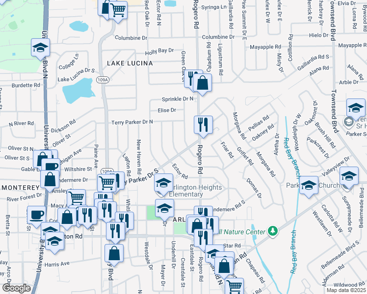 map of restaurants, bars, coffee shops, grocery stores, and more near 6419 Terry Parker Drive South in Jacksonville