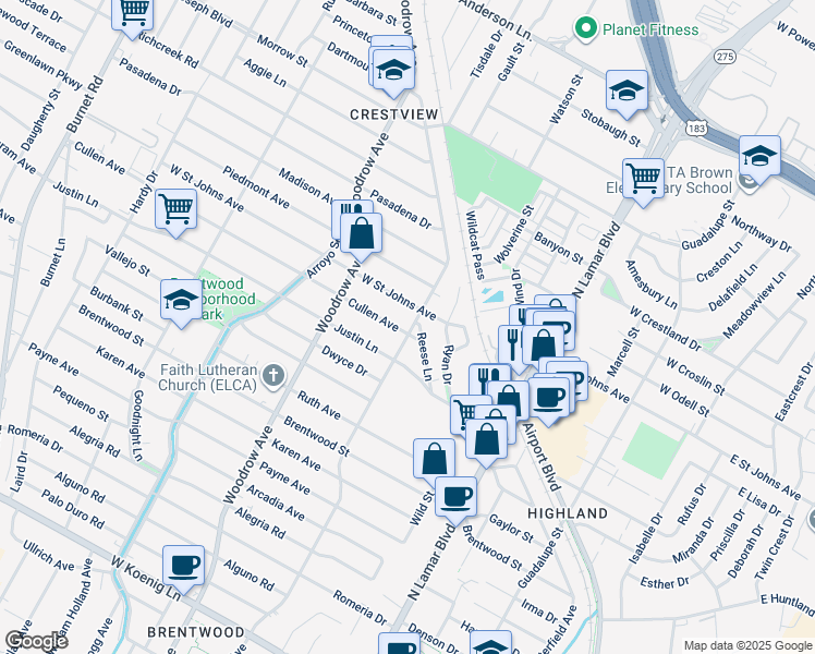 map of restaurants, bars, coffee shops, grocery stores, and more near 1200 Cullen Avenue in Austin