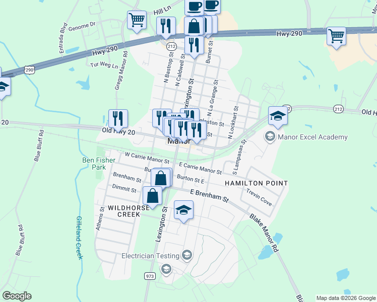 map of restaurants, bars, coffee shops, grocery stores, and more near in Manor