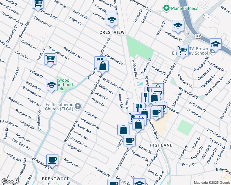 map of restaurants, bars, coffee shops, grocery stores, and more near 1200 Cullen Avenue in Austin