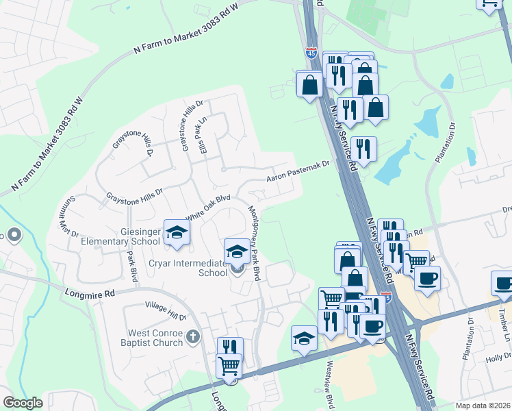 map of restaurants, bars, coffee shops, grocery stores, and more near 2610 Tacoma Springs Drive in Conroe