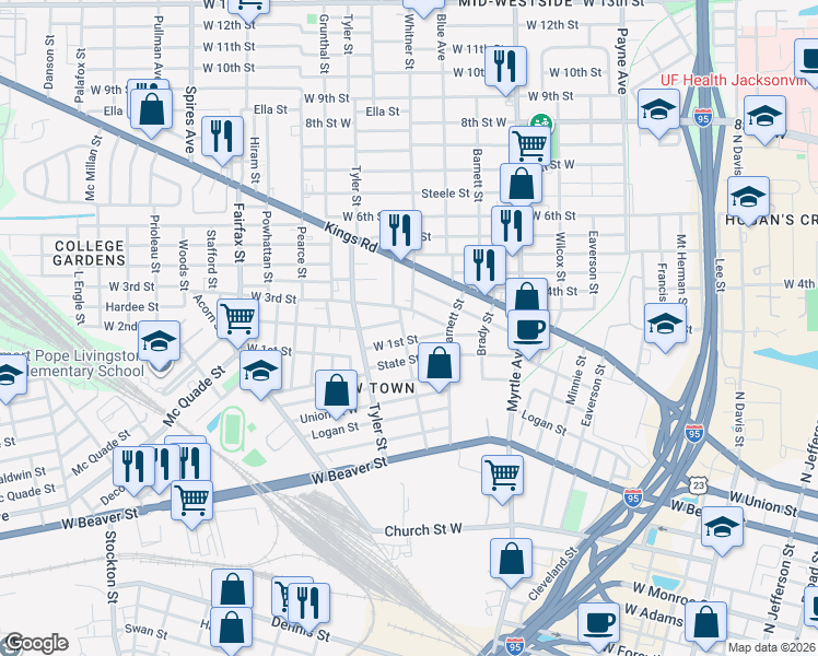 map of restaurants, bars, coffee shops, grocery stores, and more near 1442 West 2nd Street in Jacksonville