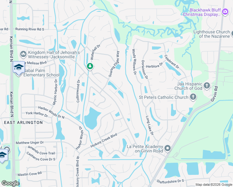 map of restaurants, bars, coffee shops, grocery stores, and more near 12457 Cliffrose Trail in Jacksonville